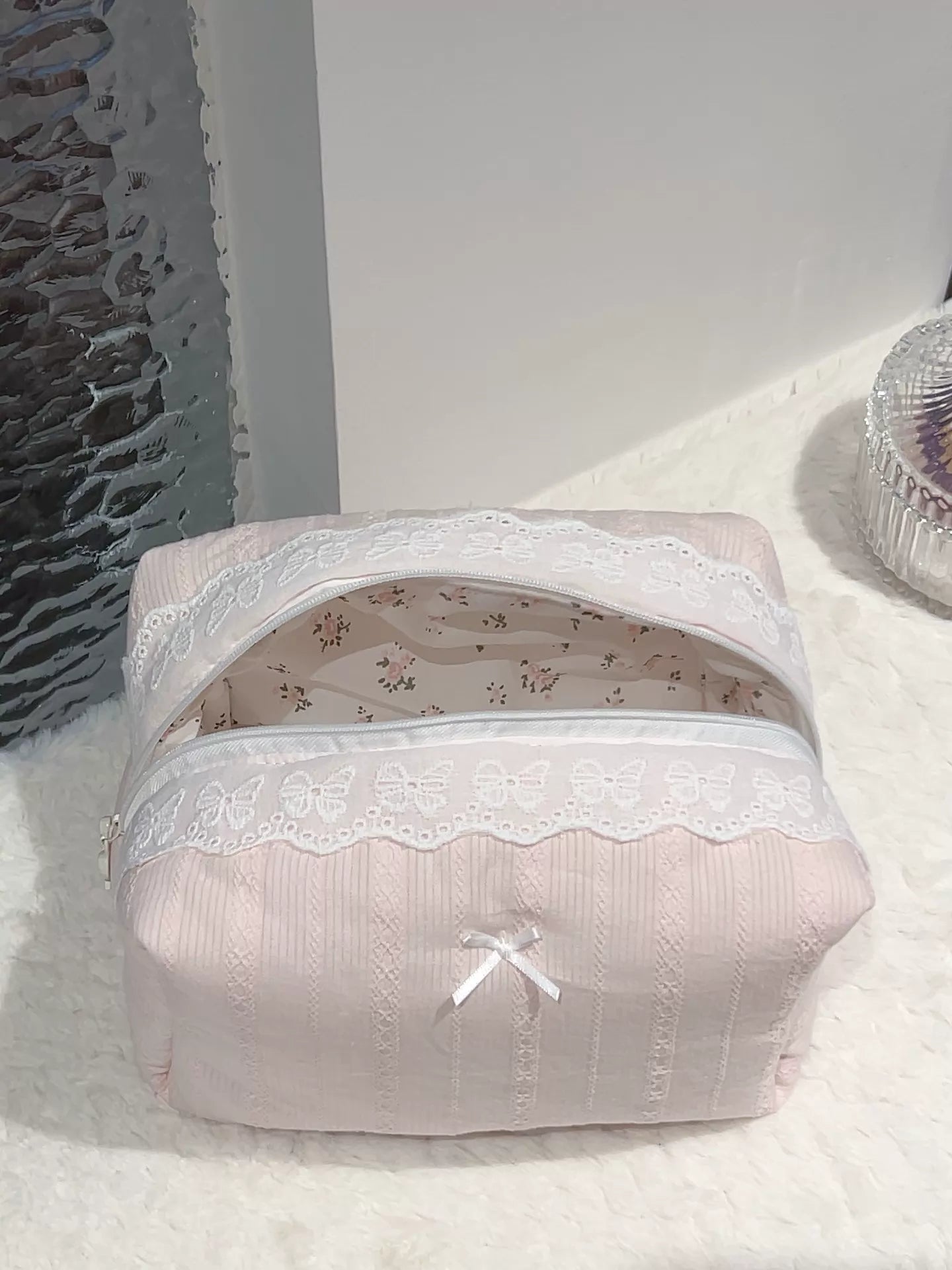 Blush Pink Butterfly Lace Cosmetic Bag