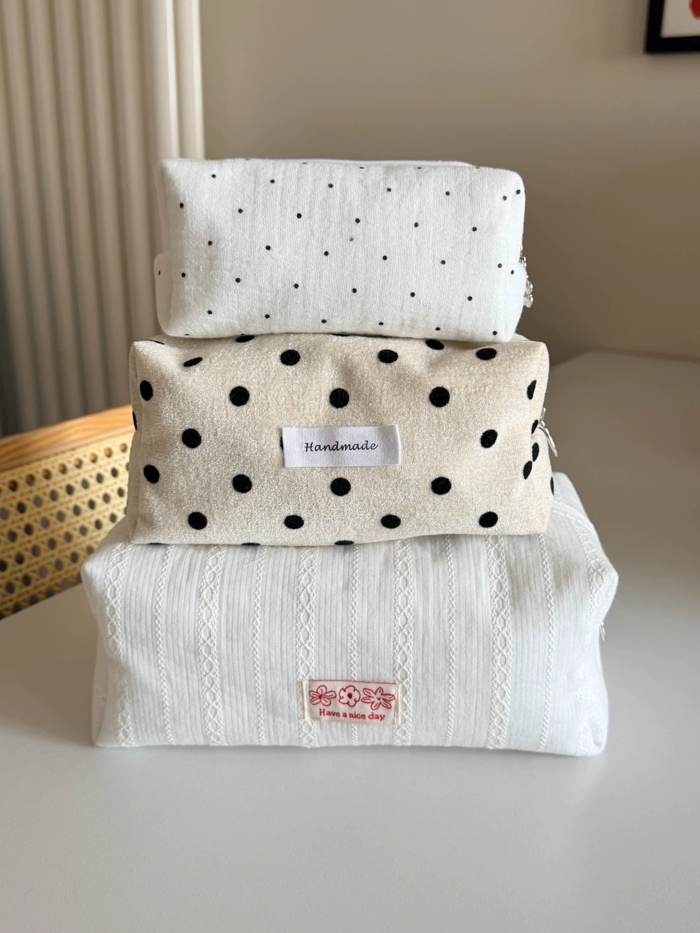 Soft Handmade Polka‑Dot Makeup Pouch