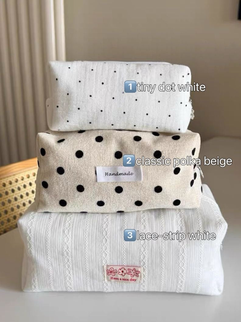 Soft Handmade Polka‑Dot Makeup Pouch