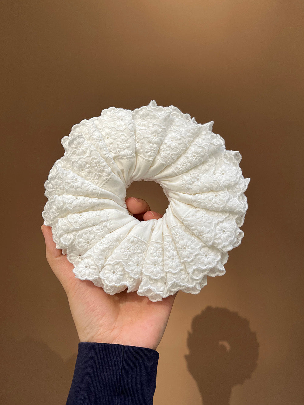 Daisy Embroidered Classic Cloud White Scrunchie